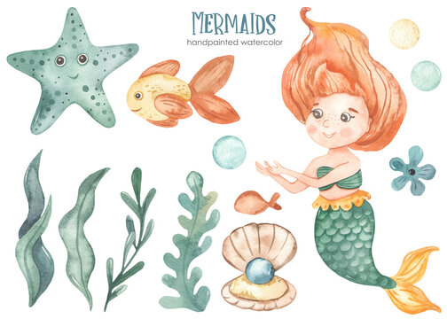 Watercolor clipart with mermaid girl underwater, bubbles, algae, fish