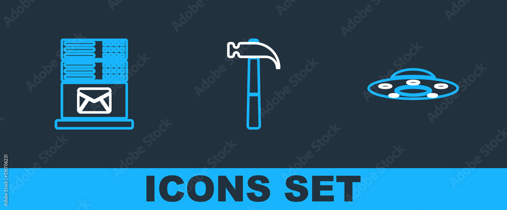 Poster set line ufo flying spaceship, mail server and hammer icon. vector