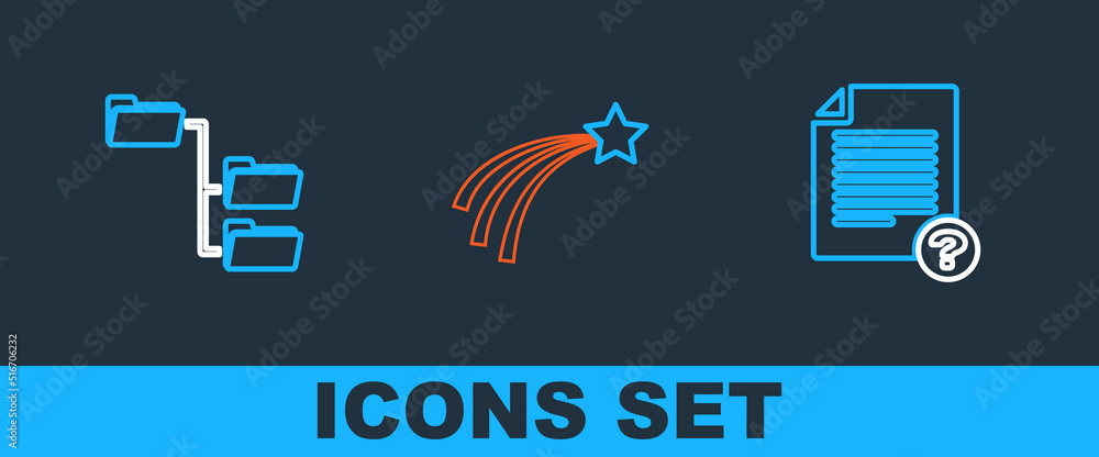 Poster set line unknown document, folder tree and falling star icon. vector