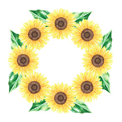Sunflowers wreath. Watercolor vintage illustration. Isolated on a white background. For design.