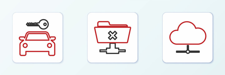 Obraz premium Set line Network cloud connection, Car rental and FTP cancel operation icon. Vector