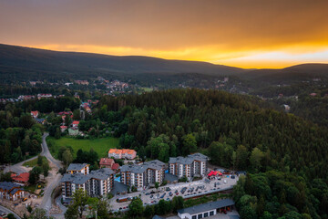 Szklarska Poreba town in Karkonosze mountains at sunset, Giant Mountains. Poland