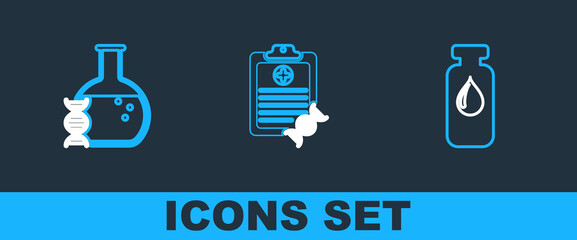 Set line Medical vial, ampoule, DNA research, search and Clipboard with analysis icon. Vector