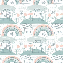 Vector seamless pattern with houses, rainbows and flowers in cartoon doodle style.