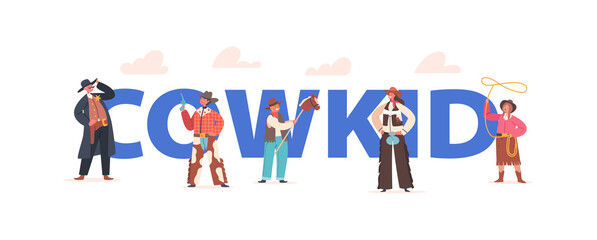 Cowkid Concept, Cowboy Kids In Traditional Wild West Costumes And Hats. Boys And Girls Characters Western Personages