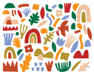 Abstract shapes, natural shapes, gelmetric objects, stylized birds and flowers collection of vector illustrations.
