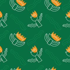 Vector, floral seamless pattern in a modern, minimalistic style. Linear, geometric flowers on a green background.