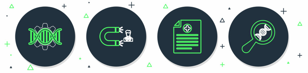 Set line Customer attracting, Clinical record, Genetic engineering and DNA research, search icon. Vector