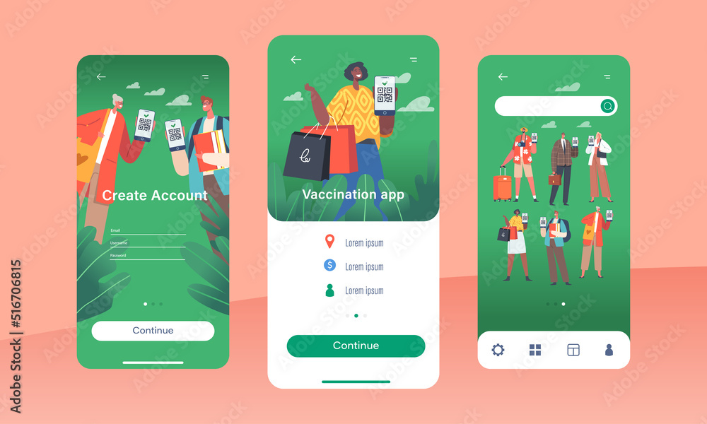 Poster vaccination app mobile page onboard screen template. people show certificates with qr code on device