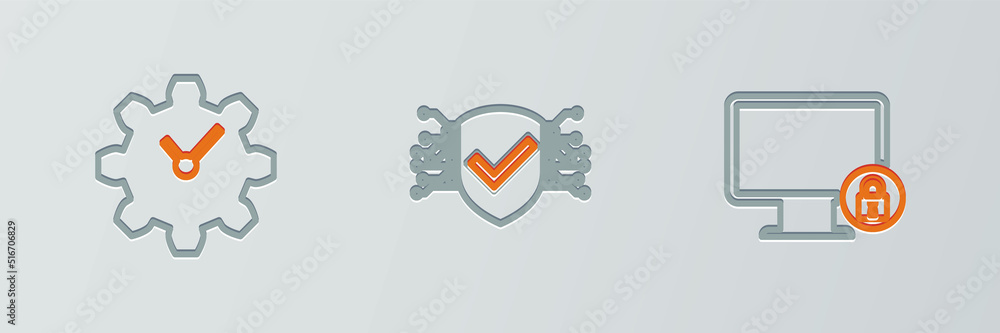 Poster set line lock on monitor, time management and cyber security icon. vector
