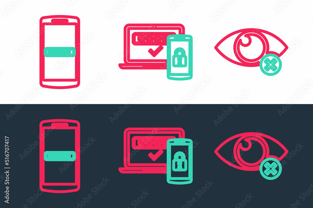 Aufkleber set line invisible or hide, mobile and password and two steps authentication icon. vector