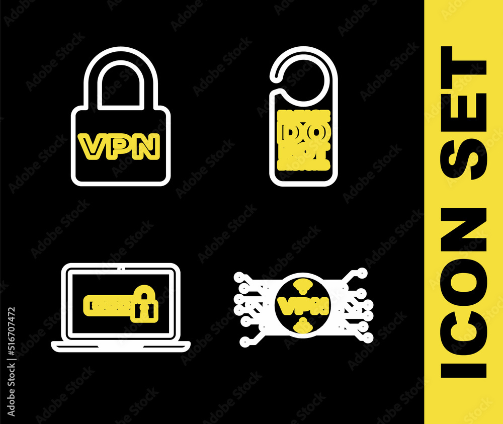 Poster set line please do not disturb, vpn with microchip circuit, laptop password and lock icon. vector