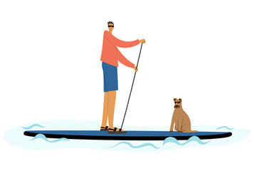 Man and dog standing on sup board floating in sea in sunny day. Tourist learning to paddle and balance on paddle board.