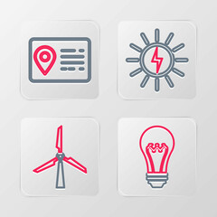 Set line Light bulb, Wind turbine, Solar energy panel and Address book icon. Vector