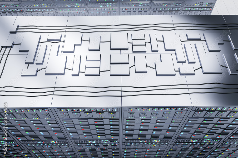 Poster Creative server room interior background with racks. Cloud computing and telecommunication concept. 3D Rendering.