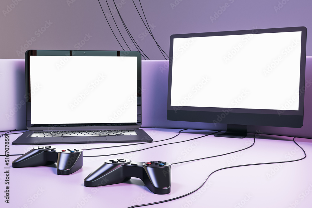 Poster a lot of gaming tv and computer screens and joysticks on purple background. video games concept. moc