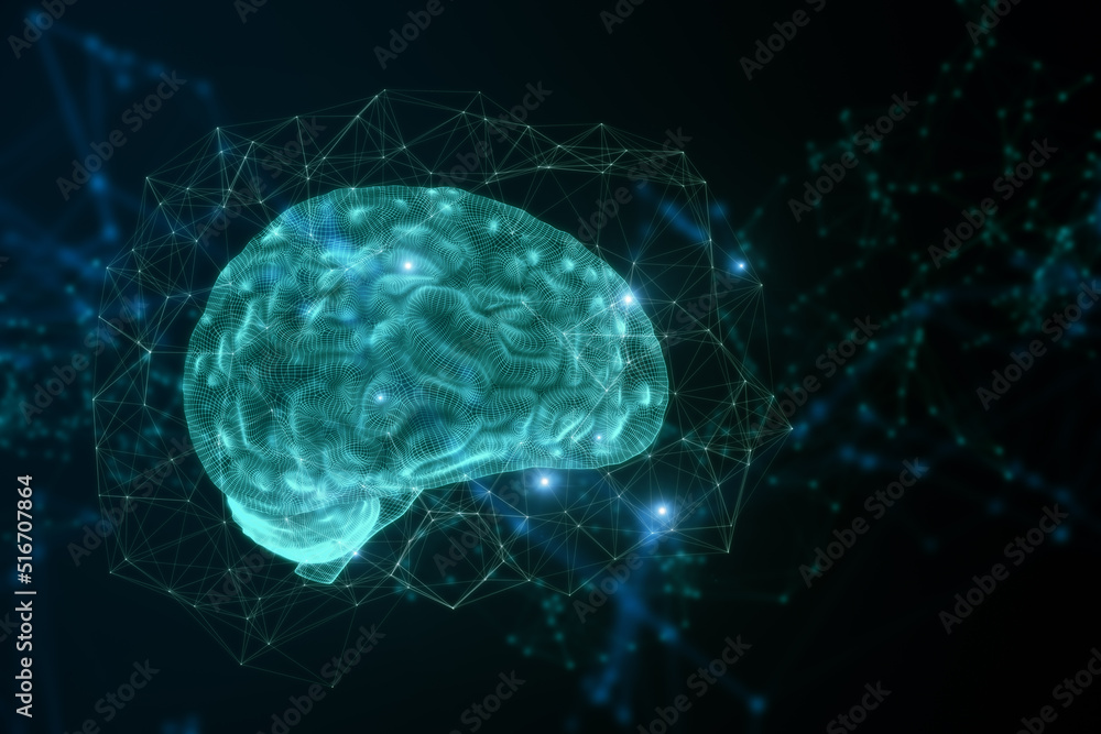 Poster Abstract blue polygonal brain hologram on blurry backdrop. AI and machine learnign concept. 3D Rendering.