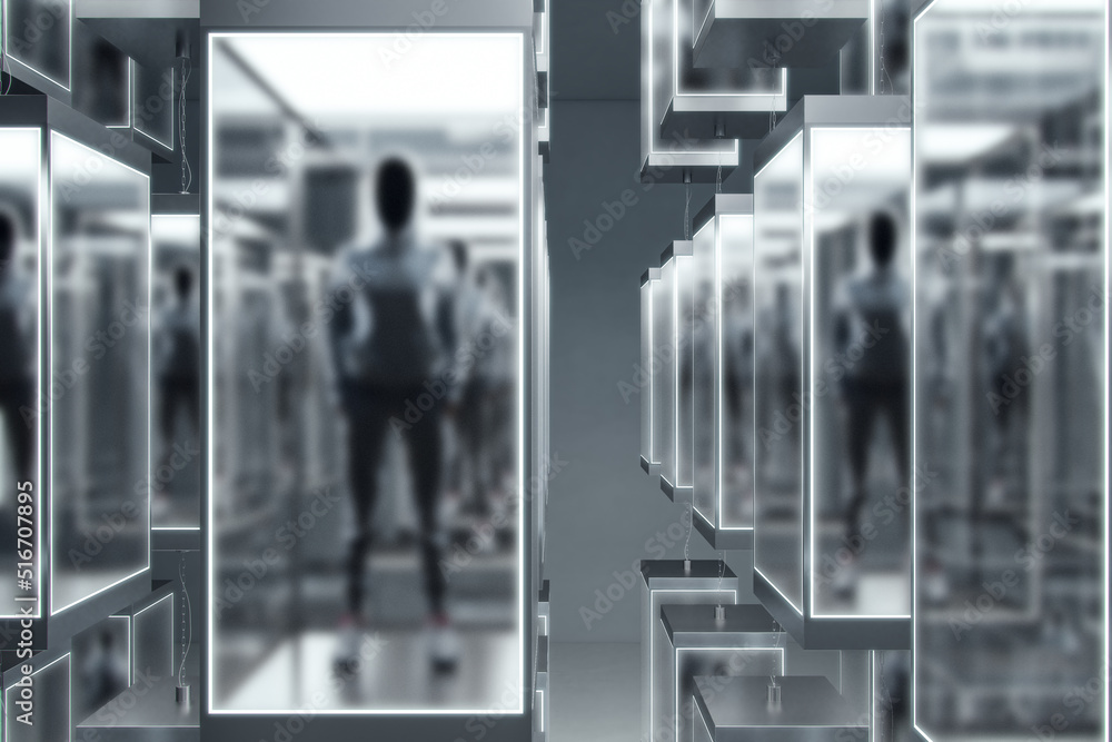 Aufkleber creative matrix room with hackers in incubators on blurry background. crime and cyberspace concept.