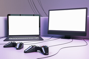 A lot of gaming TV and computer screens and joysticks on purple background. Video games concept. Mock up, 3D Rendering.