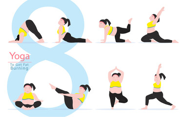 8 Yoga poses for workout in fat Burning.  Fat women exercising for body stretching and strong. Vector Illustration.