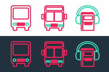 Set line Audio book, Bus and icon. Vector