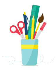 Cup with stationery ruler, pen, pencil, scissors isolated on white. Back to school. Vector illustration
