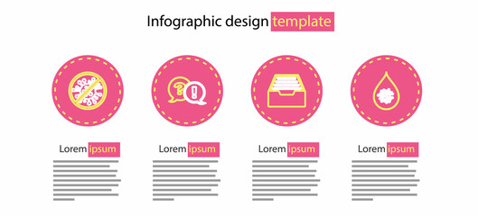 Set line Drawer with documents, Dirty water drop, Question and Exclamation and Stop virus, bacteria icon. Vector