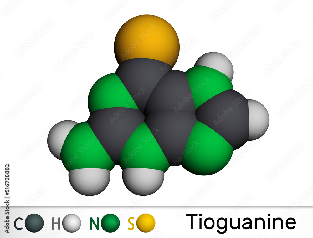 Wall mural Tioguanine, thioguanine or 6-thioguanine molecule. It is purine analogue, used in the therapy of myelogenous leukemias. Molecular model. 3D rendering