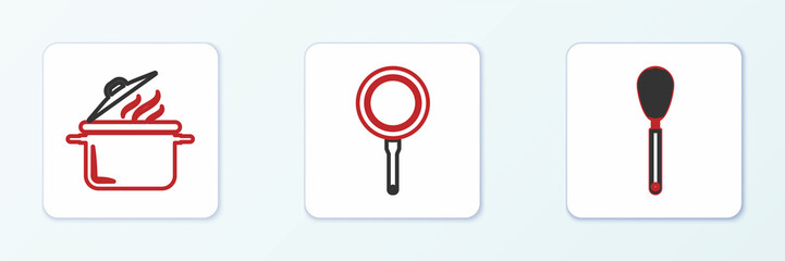 Set line Kitchen whisk, Cooking pot and Frying pan icon. Vector