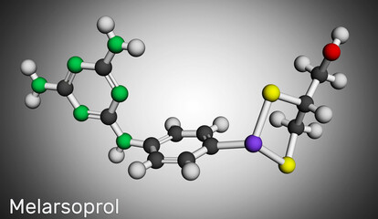 Melarsoprol drug molecule. Used to treat African sleeping sickness or African trypanosomiasis. Molecular model.