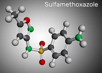 Sulfamethoxazole, SMZ, SMX molecule. It is sulfonamide antibiotic, used for bacterial infections. Molecular model. 3D rendering