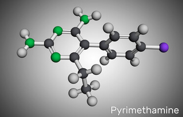 Pyrimethamine molecule. It is antiparasitic drug, used in the treatment of toxoplasmosis, malaria. Molecular model. 3D rendering.