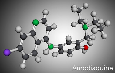 Amodiaquine, ADQ molecule. It is aminoquinoline, used for the therapy of malaria. Molecular model. 3D rendering