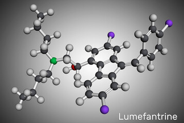 Lumefantrine, benflumetol molecule. It is used for the treatment of malaria. Molecular model. 3D rendering