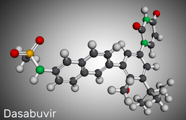 Dasabuvir molecule. It is antiviral drug used to treat hepatitis C virus, HCV, infections. Molecular model. 3D rendering.