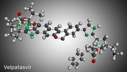 Velpatasvir molecule. It is NS5A inhibitor used to treat chronic hepatitis C infections. Molecular model. 3D rendering.