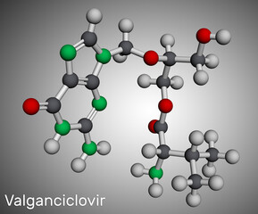 Valganciclovir molecule. It is antiviral medication used to treat cytomegalovirus, CMV, infection in those with HIV, AIDS. Molecular model. 3D rendering