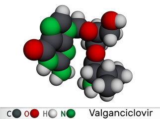 Valganciclovir molecule. It is antiviral medication used to treat cytomegalovirus, CMV, infection in those with HIV, AIDS. Molecular model. 3D rendering