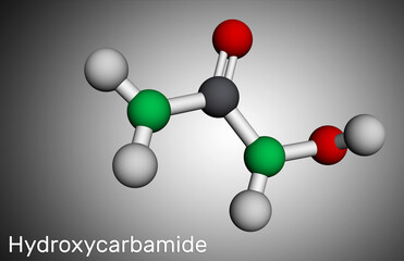 Hydroxycarbamide, hydroxyurea molecule. It is antimetabolite drug to treat sickle cell anemia crisis. Molecular model. 3D rendering