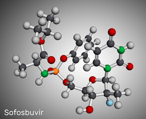 Sofosbuvir molecule. It is antiviral drug, used to treat  hepatitis C virus, HCV infections. Molecular model. 3D rendering