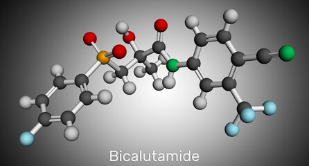 Bicalutamide molecule. It is nonsteroidal anti-androgen for prostate cancer. Molecular model. 3D rendering.