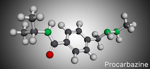 Procarbazine chemotherapy medication molecule. It is used in therapy of Hodgkin's lymphoma, malignant melanoma. Molecular model. 3D rendering.