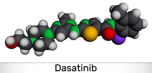 Dasatinib molecule. It is used to treat of myelogenous leukemia, CML, and acute lymphoblastic leukemia, ALL. Molecular model. 3D rendering