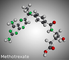 Methotrexate, MTX molecule. It is antineoplastic drug, used the treatment of  cancer, psoriasis, rheumatoid arthritis. Molecular model. 3D rendering.
