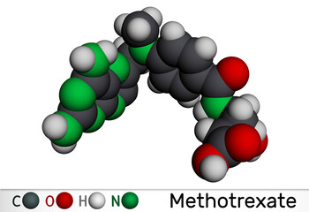 Methotrexate, MTX molecule. It is antineoplastic drug, used the treatment of  cancer, psoriasis, rheumatoid arthritis. Molecular model