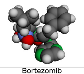 Bortezomib molecule. It is anticancer medication used to treat multiple myeloma and mantle cell lymphoma. Molecular model. 3D rendering