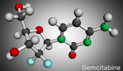 Gemcitabine molecule. It is antineoplastic agent used in the therapy of  pancreatic, lung, breast, ovarian, bladder cancer. Molecular model. 3D rendering.