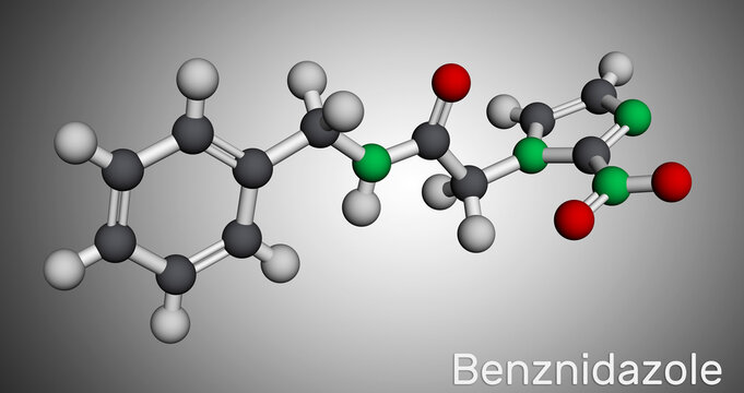 Benznidazole molecule. It is antiparasitic drug used in the treatment of Chagas disease. Molecular model.