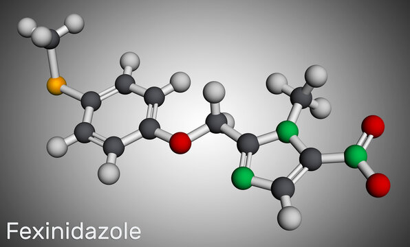 Fexinidazole molecule. It is drug used to treat African trypanosomiasis or sleeping sickness. Molecular model.