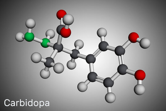 Carbidopa molecule. It is dopa decarboxylase inhibitor used for treatment of idiopathic Parkinson disease. Molecular model. 3D rendering.